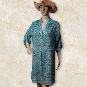 Tacera Blue Green Swim Coverup Tunic with V-Neck